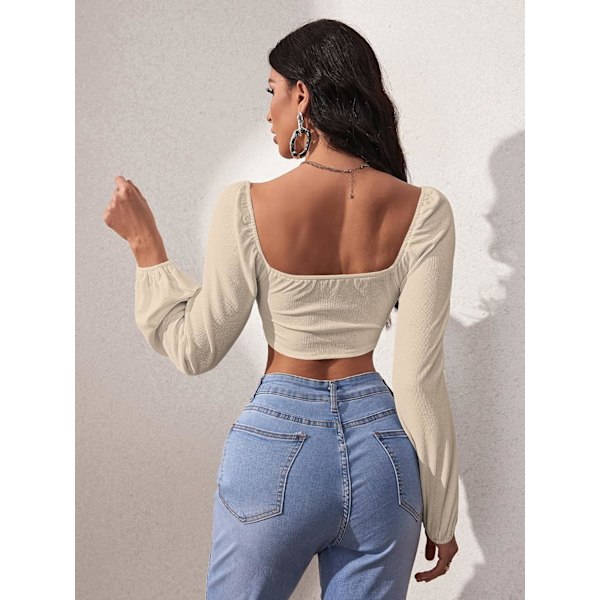 Kvinners langærmet Crop Top Tee Square Neck Basic T-shirt
