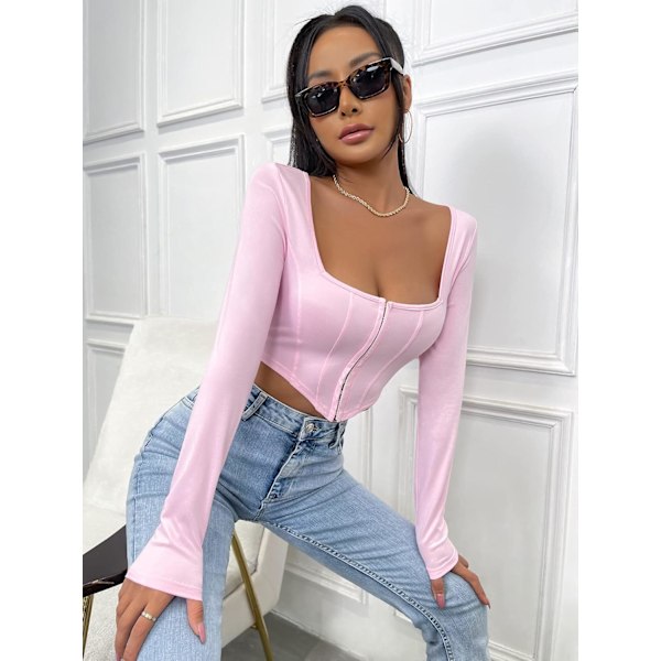 Kvinners langærmet Crop Top Tee Square Neck Basic T-shirt
