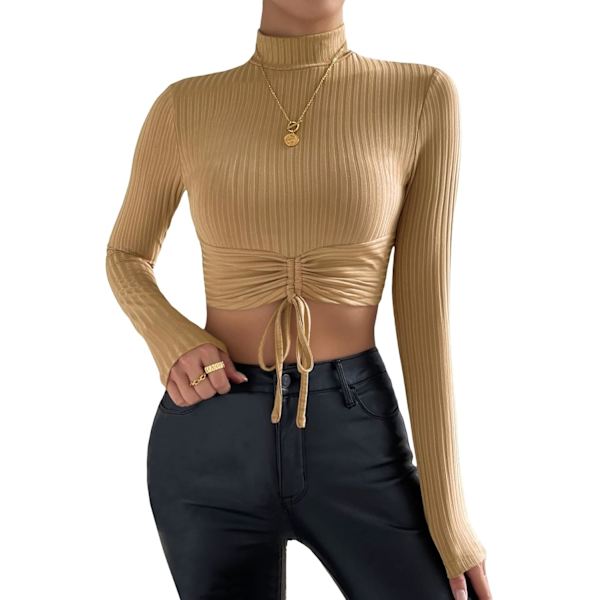 Kvindernes Mock Neck Langærmet Ribstrikket Slim Fit Crop