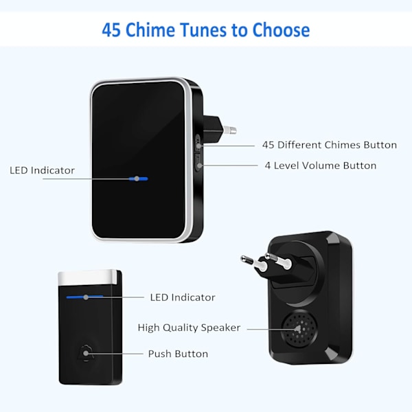 [Ingen batterier nødvendig] Trådløs dørklokke, vanntett dør