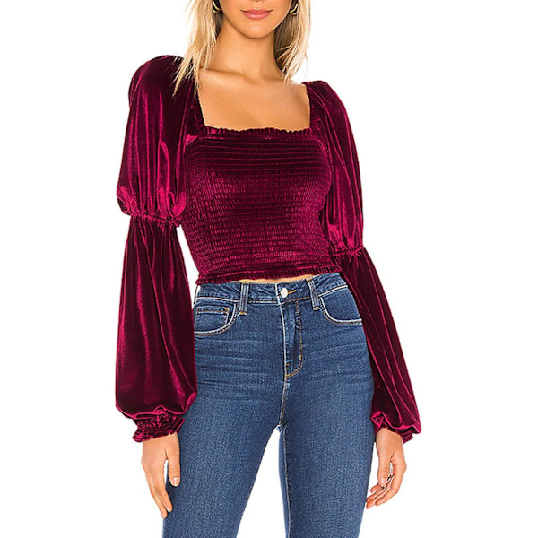 Kvinde Efterår Lang Puff Ærmer Fløjl Strækbar Ruched Crop Tops Bluser