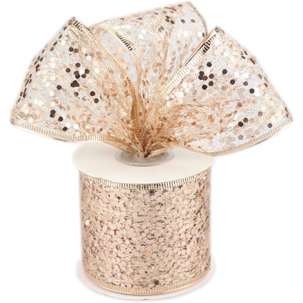 Rose Gold Wired Ribbon 2,5 Tommer Rose Pink Shimmery Glitter Metallic Ribbon Mesh