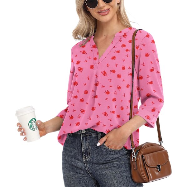 Damtoppar Casual Chiffon Blusar Toppar 3/4 Ärm V-Ringad Tunika Topp Lös Skjorta
