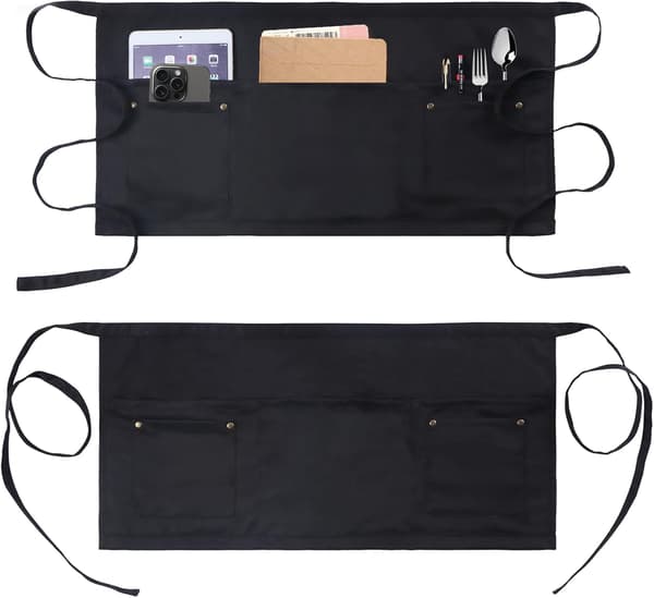 Serverförkläde med 5 fickor - Nitspänne Unisex Kort/Halv Servitör Midja Kort Förkläde Svart 2-pack