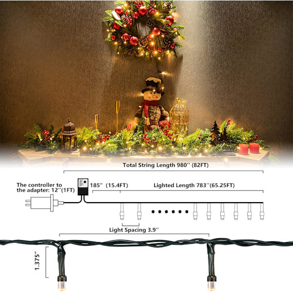 Julelys Varm Hvit, 2 Pakke 200 Led Utendørs Julelys for Hus, 66ft Vanntett Julelyskjede Plugg inn med 8 Moduser