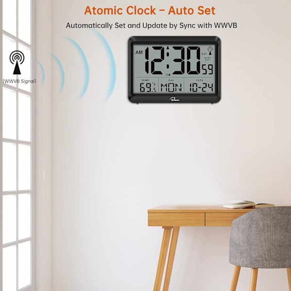Atomur Baery Operated - Stor Display Digital Alarmklocka med Sekunder och Inomhustemperatur, 4 Tidszoner, DST Svart 8,5 tum - Svart