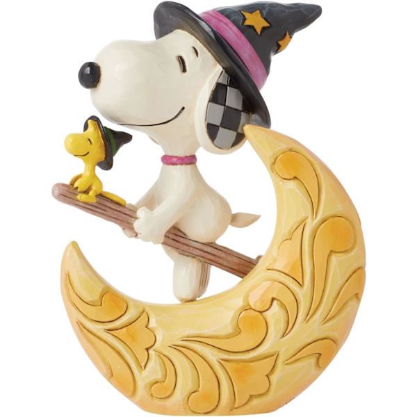 Enesco Peanuts af Jim Shore     Collection Witch Snoopy og Woodstock Flyvende Over Moon Figurine- Stenharpiks Håndlavet Malet Samleobjekt