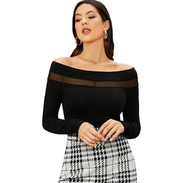 Romwe Dam Sexig Off Shoulder Långärmad Kontrast Mesh Slim Fit Solid Blus