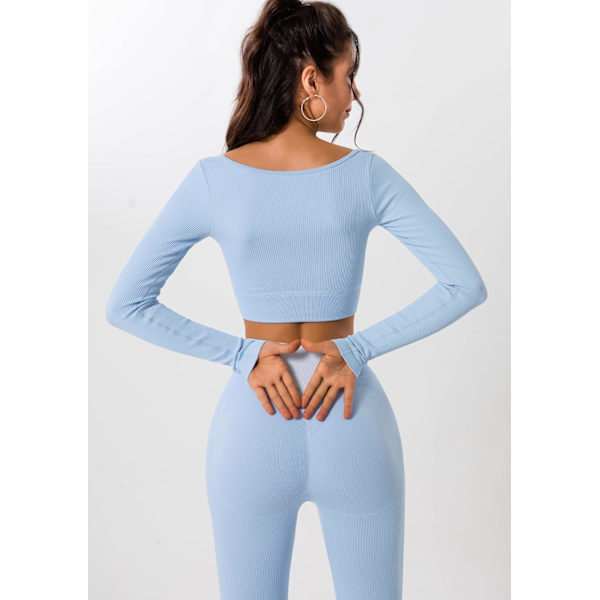 Kvinnors 2-delade träningsset sömlösa ribbade leggings med hög midja och lång