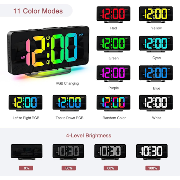 Digital väckarklocka för sovrum, ny version RGB väckarklocka, uppladdningsbar LED-bordsur med 10 RGB nattljus, snooze, 2 larm, justerbar