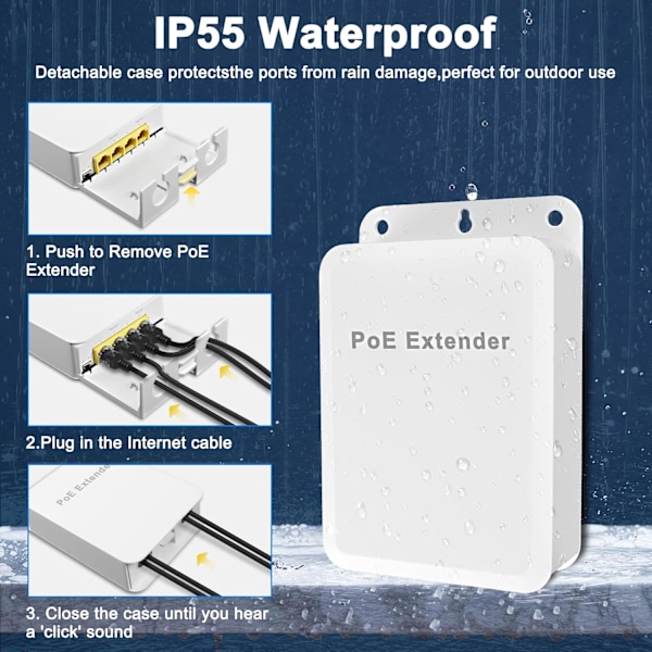 4-Port Gigabit PoE Extender - 1000Mbps, 30W, 100m Rækkevidde - Vandtæt til Udendørs Kameraer