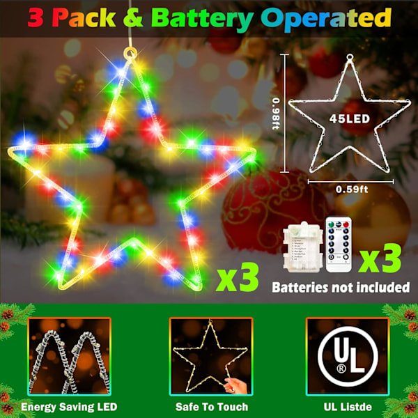 Julgransfönsterlampor 3-pack batteridrivna LED-stjärnljus 8 lägen timer