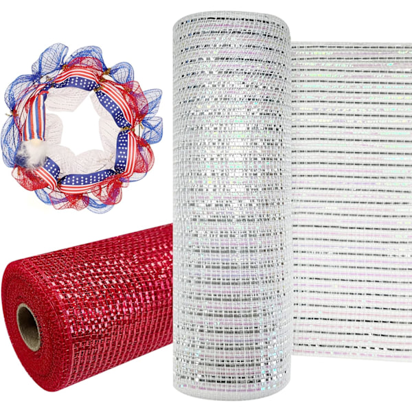 Deco Mesh 10 tommer x 30 fod, mere bredde metallisk folie mesh stof, rød/hvid