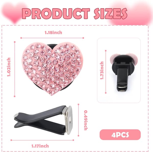4 hjerteformede bilventilklips med rhinstein, bling luftventilklips bildekorasjoner, premium skinnende bilklips for ventiler bilinteriørtilbehør for