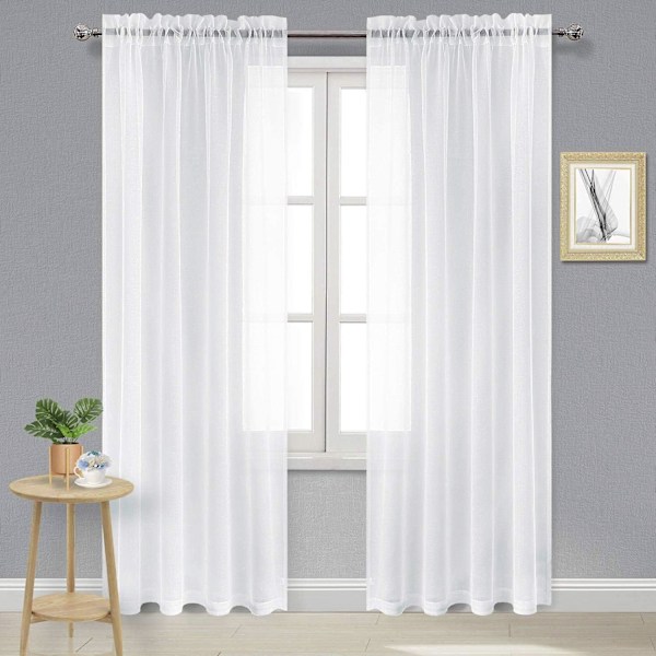 Hvite tyllgardiner, delvis transparente tyllgardiner med stanglomme for soverom og stue, 132 x 213 cm lange, 2-delt sett