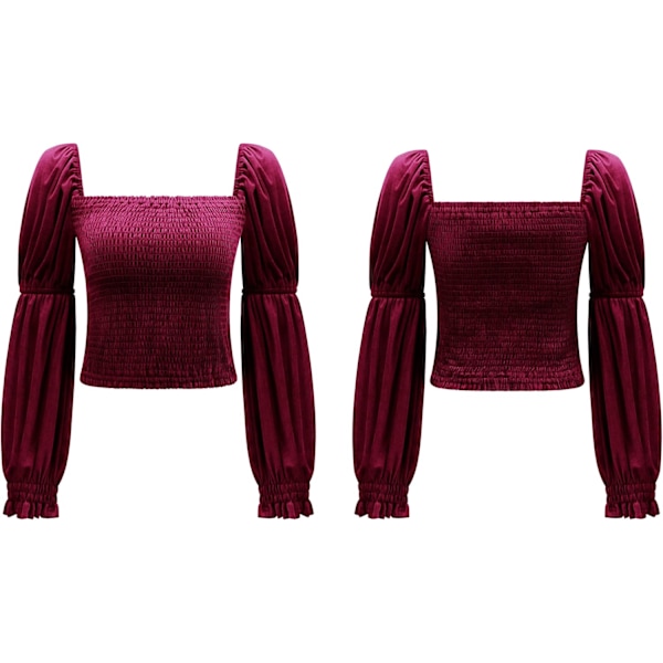 Kvinde Efterår Lang Puff Ærmer Fløjl Strækbar Ruched Crop Tops Bluser