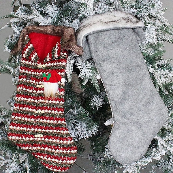 3 stk. Jule-Strømper Xmas Santa Gnome Hængende Pludset Dekoration Grim Pullover Striber Holly Pludset Faux Fur Cuff Juletræ Topper Ornament Hol