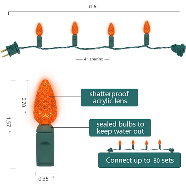 C3 Julelys 50 LED kommersielle LED-lyskjeder, 120V UL, 17FT grønn ledning Xmas-lys for innendørs og utendørs bruk, trær, sti,