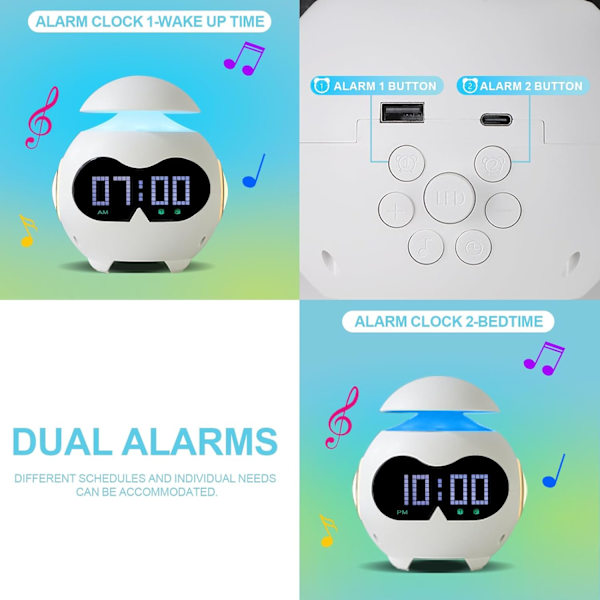 Barnväckarklocka med nattlampa, väckarklocka med Bluetooth-högtalare och söt känsla, digital för sovrum, present till tonårsflickor eller pojkar vuxna