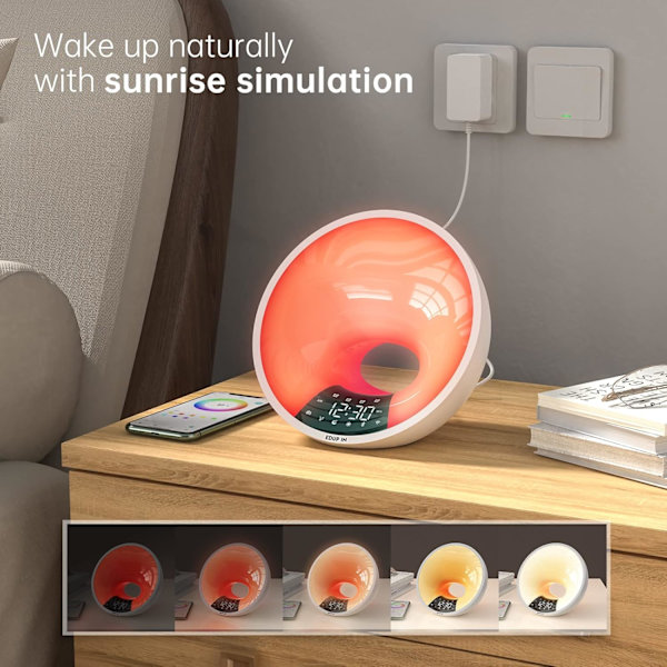 Solopgangs vækkeur - Vækkeur med lys - APP/Stemmestyring - Smart solopgangssimulering - Søvnhjælp - Bluetooth-højttaler - Snooze - 4 alarmer - FM-radio - 7 naturlige