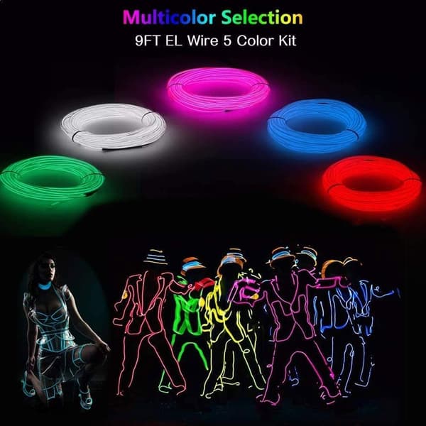 wxsp EL Wire 5-pack, 2,7 m Neonljusslinga Brusreducering med Batteripack (Grön, Blå, Röd, Vit, Rosa)… (2,7 m) 2,7 m