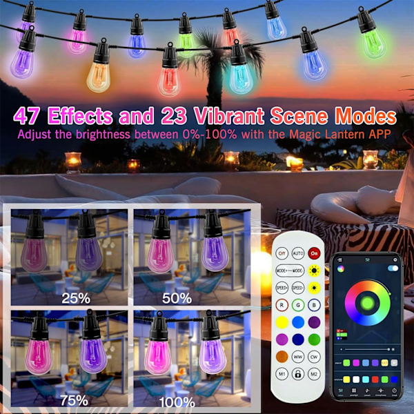 Utomhus ljusslingor, RGB varmvit uteplatsbelysning 49ft 20 LED-lampor, fjärr- och appstyrning, färgväxling, IP65 vattentäta hängande lampor för