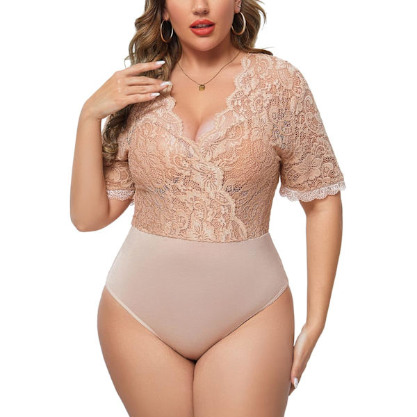 Plus Size Blonder Body med blonder og dyp V-hals med trykknapp i skrittet