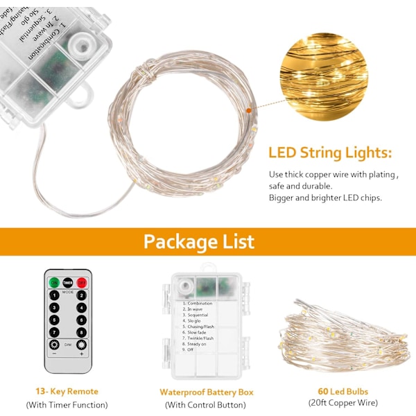 6 Pakke 20ft 60 Led Fe Lys med Fjernkontroll Timer Vanntett Juledekor Batteridrevet Twinkle Firefly Lys for Soverom, Hage, Påske,