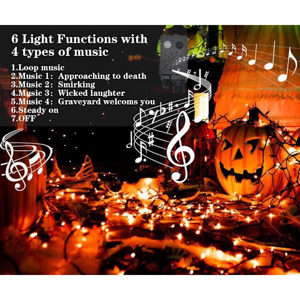 LED-lysslynger med skummel musikk, bevegelsessensor Halloween-lys utendørs vanntett oransje lys med lyder for Halloween-dekorasjon jul