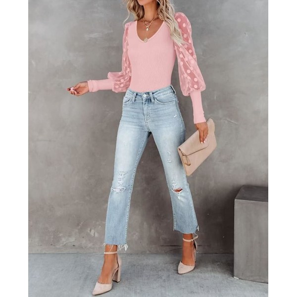 Kvinners Puffy Mesh Blonder Lang Ermet Topper V Hals Polka Dot Bluse Casual Ribbet