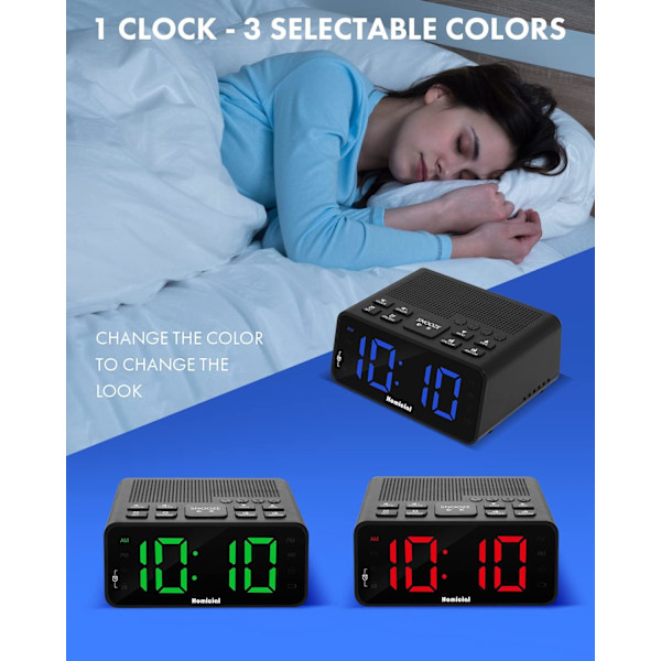 Digital väckarklockradio med AM/FM-radio, flerfärgade 1,4-tums LED-siffror, förinställning, sömntimer och tydlig display med dimmer för sovrummet vid sängen,