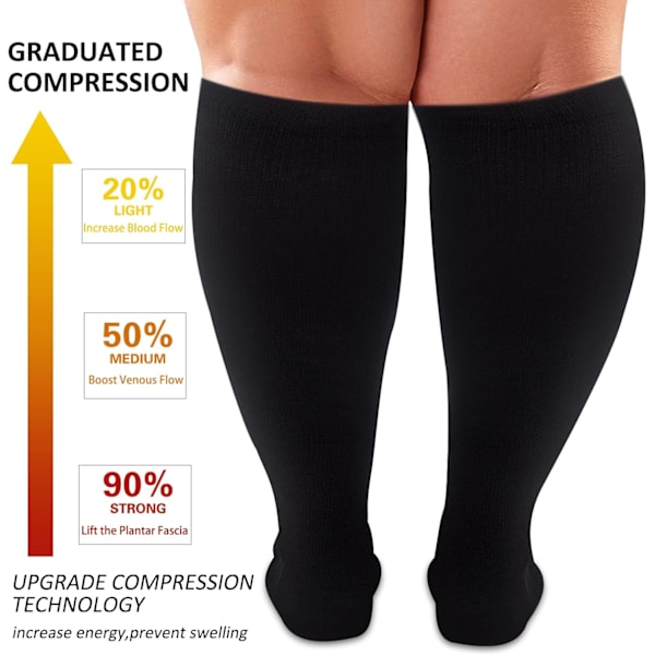 Plus Size Kompressionsstrømper - 3 par til bred læg, 20-30 mmHg støtte