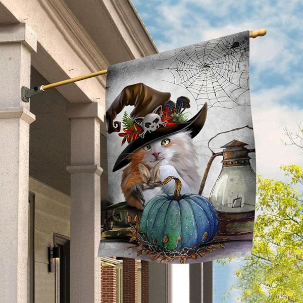 Sød kattekilling med troldmandshat græskar lanterne dekor hus Halloween udendørs gård dekoration 28\" x 40\" hus (28\\  hus flag(28\\