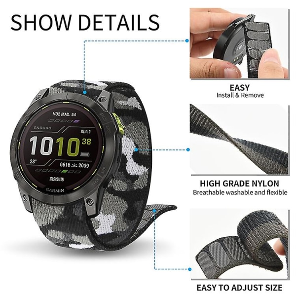 For Garmin Fenix 7x Krog- og løkkefastgørelse Nylon urrem WBS Black Grey