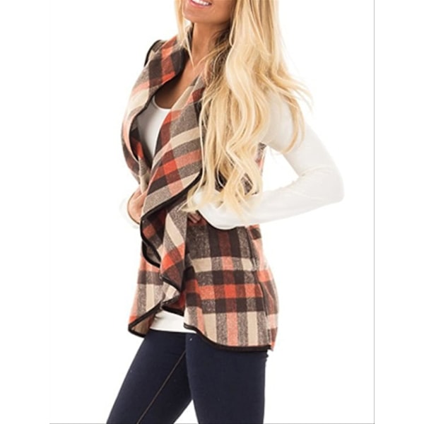 Dame Vest Lapel Åpen Front Buffalo Plaid Ermeløs Cardigan Jakke Frakk med