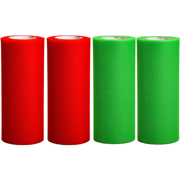 4 rullar röd och grön jul tyll band tyg