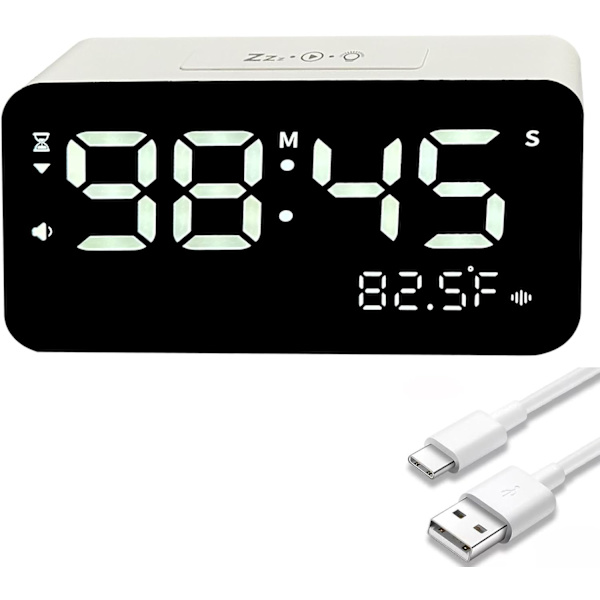 Digital Timer Alarmklocka, Stor Visuell Köksnedräkningstimer, Snooze Vibrations- och Hög Musiklarm, Sovrum Kalender Temperaturdisplay, Vit