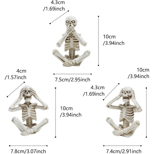 Sæt med 3 skeletstatuer gotisk indretning, harpiks Hør Se Tal ikke ondt kraniefigurer Dekoration til hjemmekontor bord skrivebord bogreol