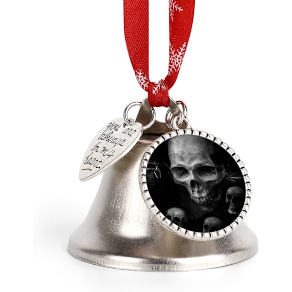 Läskig mörk dödskalle silverklocka prydnad julgransklockor med rött snöre metall Xmas hängande dekorationer för semesterfest  Love Bell  Love