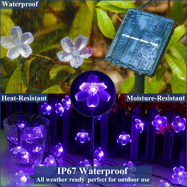 Blomster Solcellslampor Utomhus String Vattentät 39ft 100LED Fe Lampor, Solcells Körsbärsblomstror String Lampor för Utomhus Trädgård Uteplats Gård Stängsel