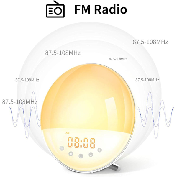 Soluppgångslarm Klocka Vakna Ljus för Barn, Vuxna, Tung Sovande med Dubbla Larm, Snooze, 7 Färger Nattljus, FM-radio, Sömn Hjälpmedel med 6