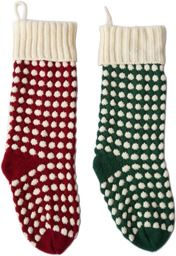 Julstrumpor, 18\" unika vinröda och gröna stickade julstrumpor med prickar (längd 18\", 2-pack)