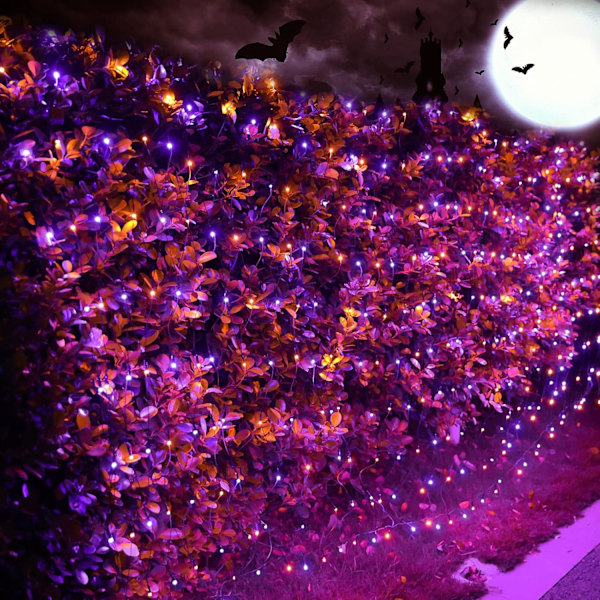 5ft x 5ft Halloween Net Lights Utendørs Nettlys, 8 Moduser Timer Koblingsbar Vanntette Oransje Lilla Busklys Nettinglys for Oransje
