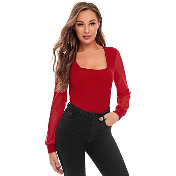 Elegant firkantet hals mesh langærmet ribbet strik body top til kvinder