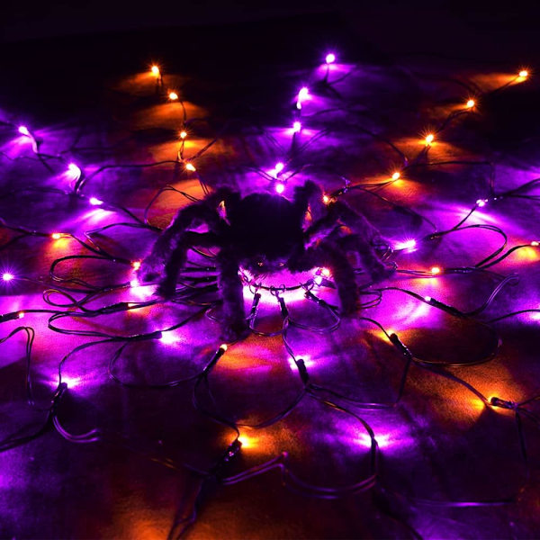 Halloween Spindelvæv Lys med Sort Edderkop, 4.26FT Diameter 84 LED Orange Lilla Web Lys med 8 Tilstande, Vandtæt med Timer Plugin