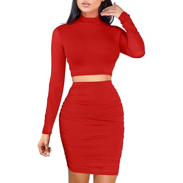 Women's Sexy 2 Piece Outfits Dress Long Sleeve Crop Top Ruched Skirt