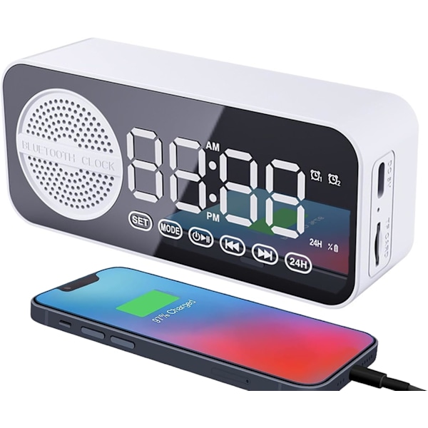 Digital LED-väckarklocka med trådlös högtalare, dubbla  för sovrum/tunga sovare/vuxna/tonåringar, Bluetooth-högtalare stödjer TF-kortuppspelning FM-radio