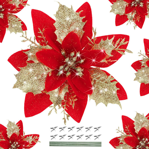 12 st glitter julstjärnor konstgjorda julblomsdekorationer blommor