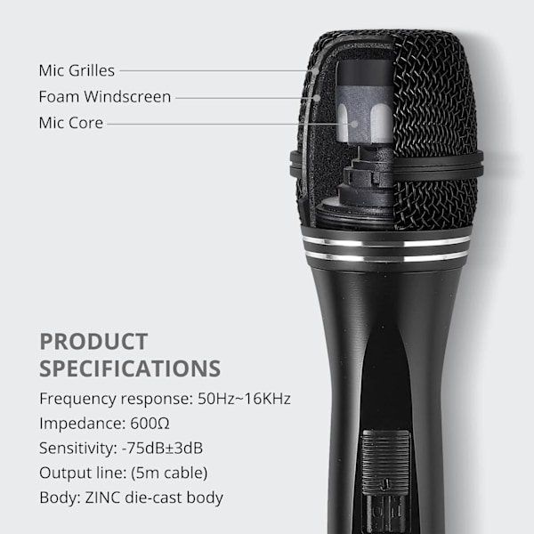 Dynamisk karaokemikrofon med 16,4 ft Xlr-kabel