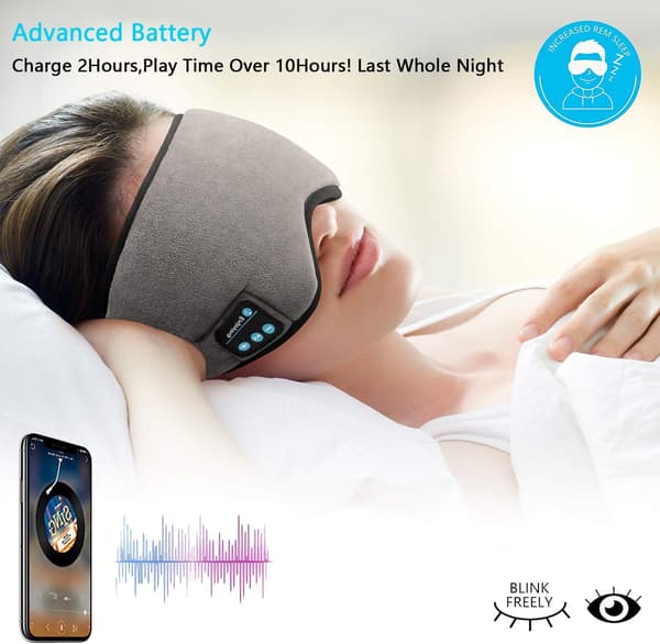 Bluetooth 5.3 Søvnmaske - Justerbar & Vaskbar, Indbyggede Højttalere & Mikrofon til Rejser & Søvn (Grå)